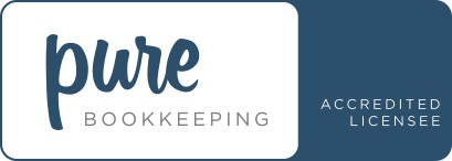 Logo of Pure Bookkeeping with 'pure' in light blue lowercase letters, 'BOOKKEEPING' in dark gray, and 'ACCREDITED LICENSEE' in a dark blue rectangle to the right