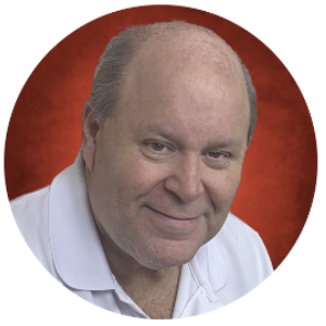 Close-up of a smiling man with a white shirt, set against a red textured circular background