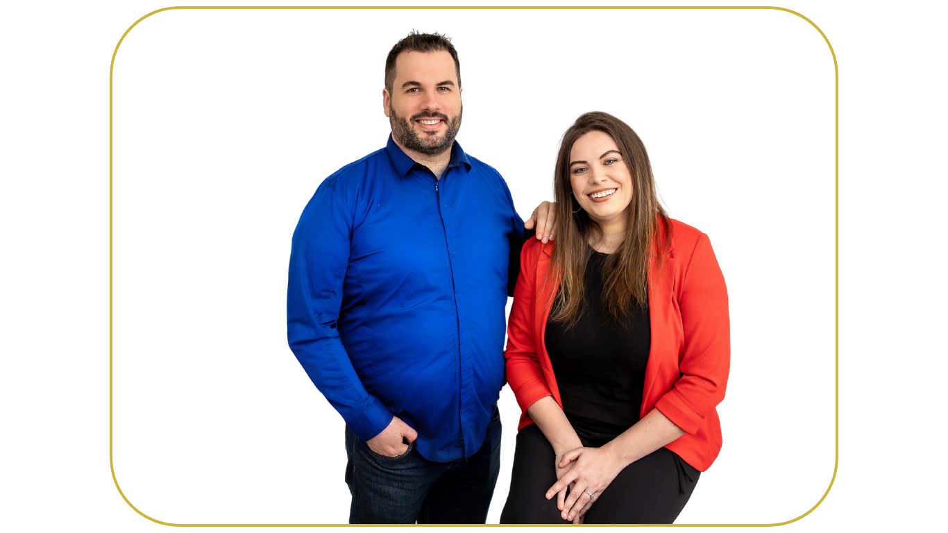 Man in a blue shirt and woman in a red blazer smiling, with a white background and a soft yellow border