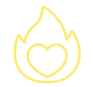 Yellow outline of a flame with a heart shape at its center, suggesting warmth or love