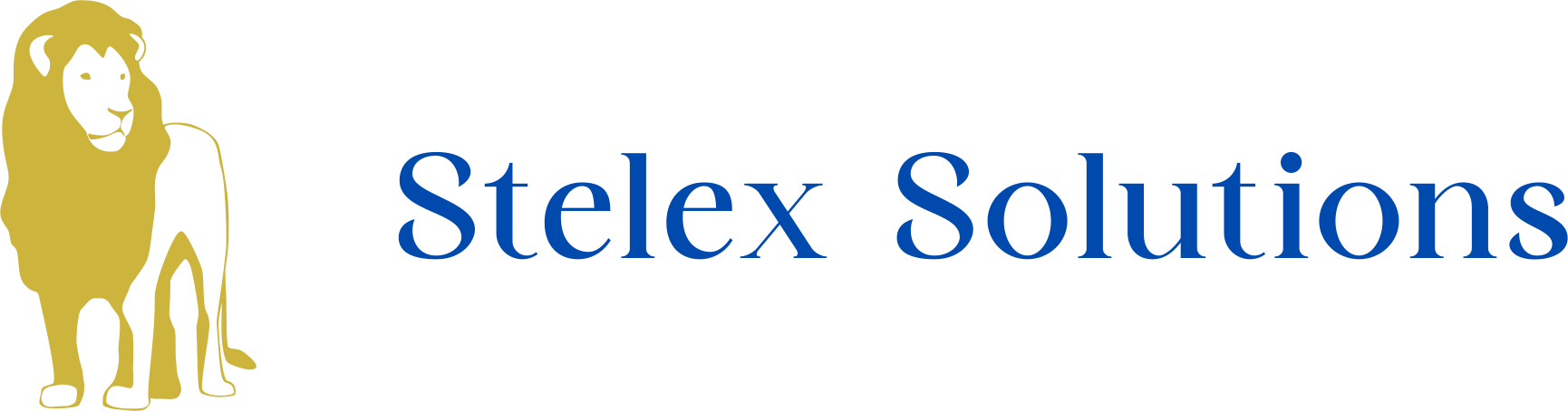 Logo of Stelex Solutions featuring a stylized golden lion on the left with blue text to the right