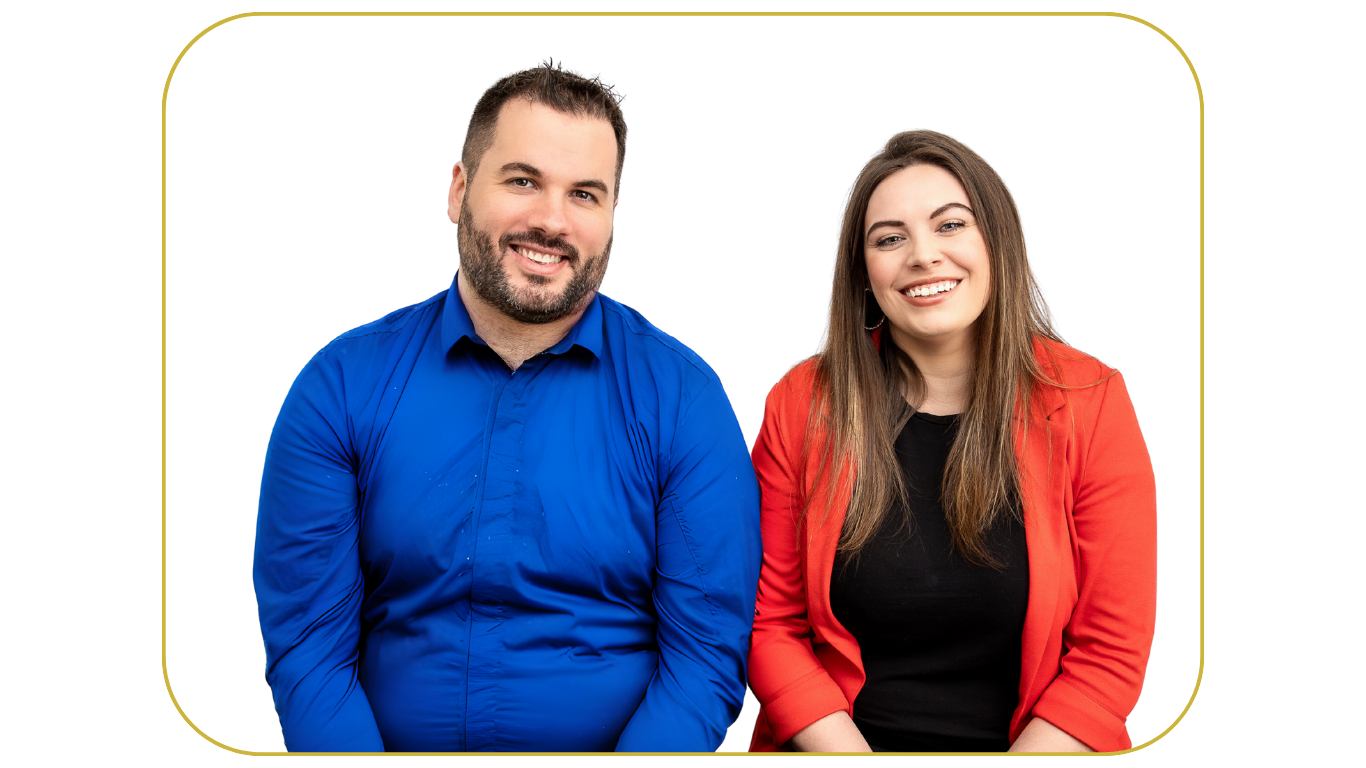Man in a blue shirt and woman in a red blazer, both smiling and seated side by side against a white background, within a yellow border frame