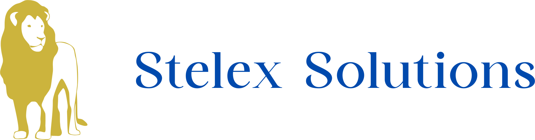 Logo of Stelex Solutions featuring a stylized golden lion on the left with blue text to the right