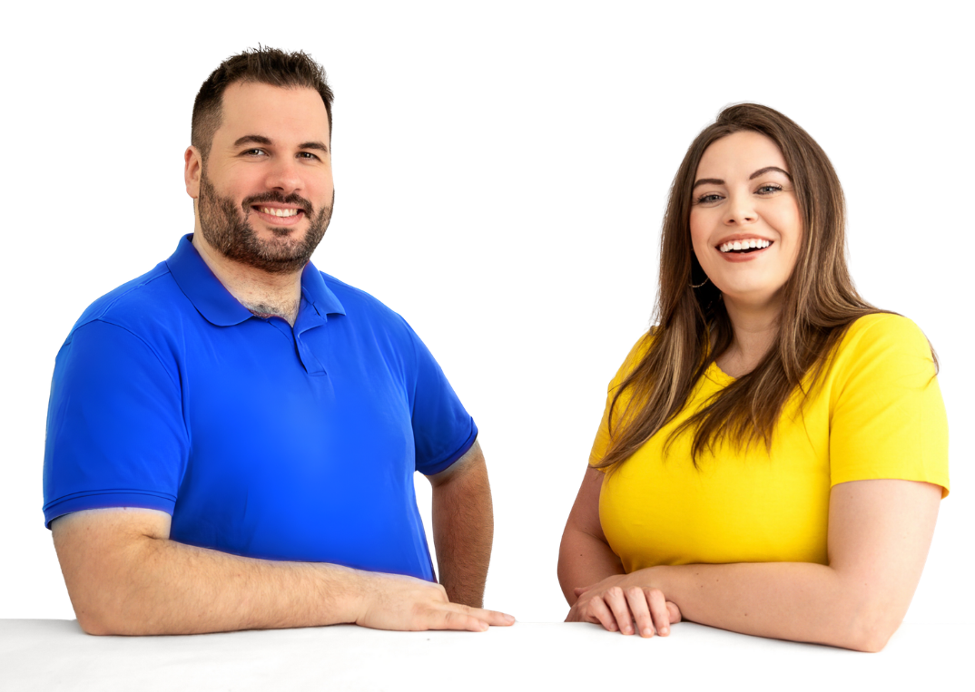 Smiling man in a blue polo shirt and woman in a yellow shirt posing together against a bright white background