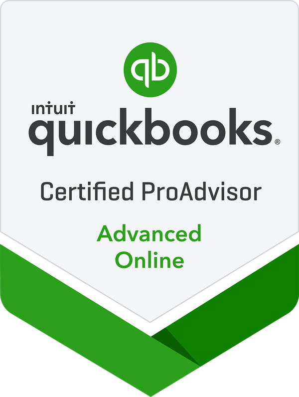 Intuit QuickBooks badge stating 'Certified ProAdvisor Advanced Online' with the QuickBooks logo, on a white and green geometric background