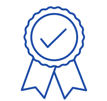 Blue outline of a seal of approval with a check mark in the center and ribbons hanging below, symbolizing quality or certification