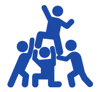 Blue icon depicting four stylized figures working together to lift one figure aloft, representing teamwork and support
