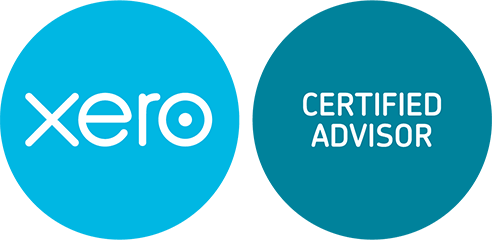 Two round badges side by side; the left one in light blue with 'xero' in white text, the right in darker blue with 'CERTIFIED ADVISOR' in white text