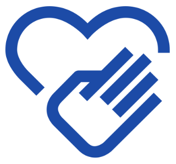 Blue graphic of a stylized heart intertwined with an open hand symbol, representing care or support