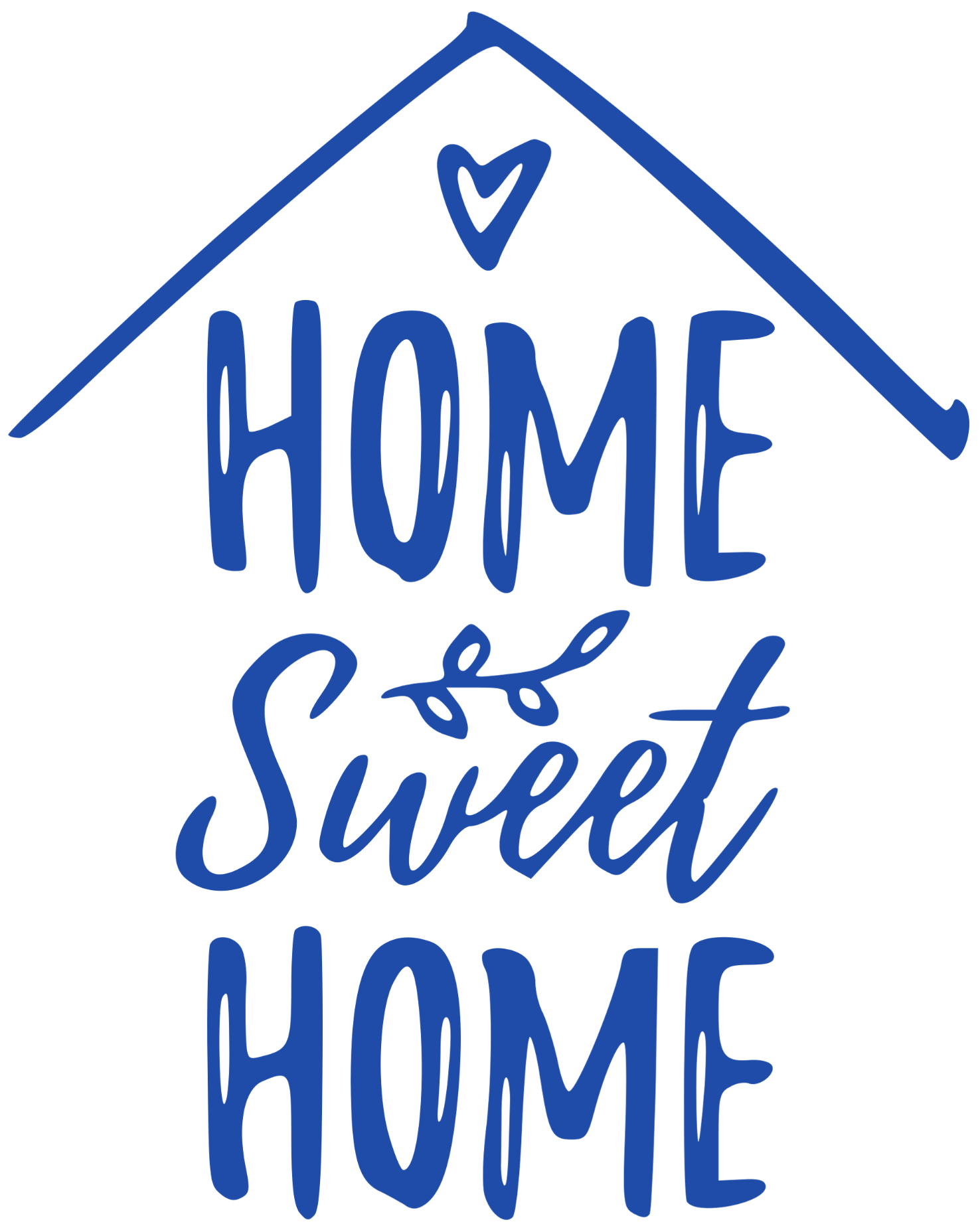Illustration of a house outline with the phrase "Home Sweet Home" in a playful blue script inside, topped with a small heart above the roof