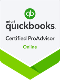Badge of Intuit QuickBooks Certified ProAdvisor Online, with the QuickBooks logo on top and a green ribbon at the bottom