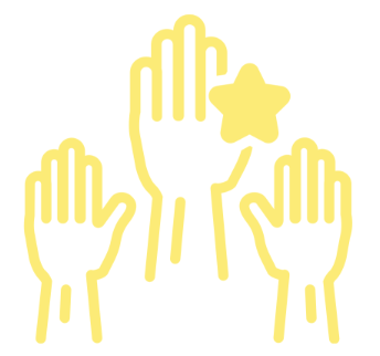 Three yellow outlined hands raised with one hand holding a star, symbolizing achievement or teamwork